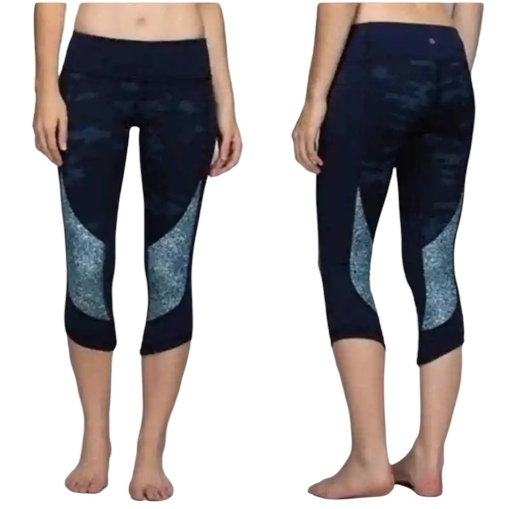 Lululemon Wunder Under Cropped Leggings Navy Blue Camo Sz 4 Athletic